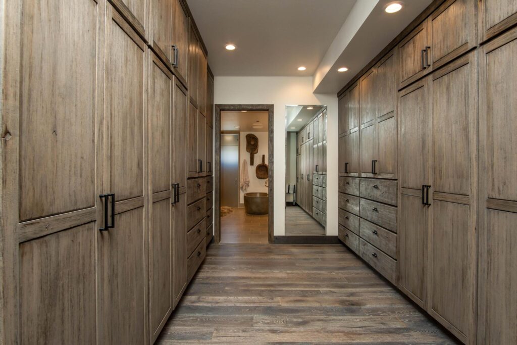 The dressing room looking back toward the bathroom