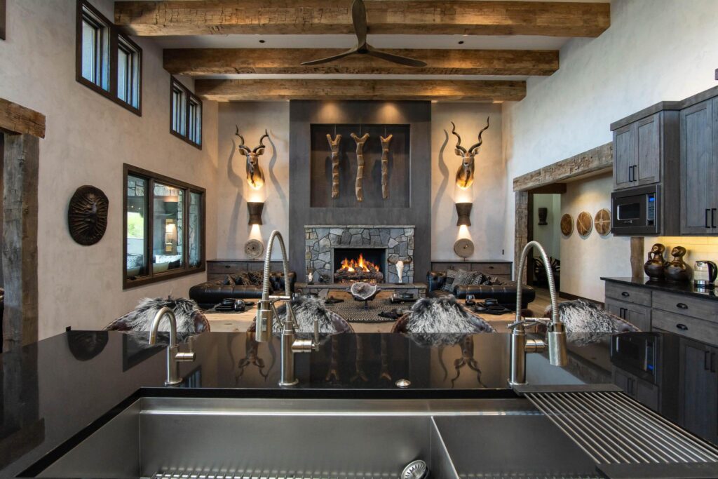 Kitchen island looking across to the fireplace and the clerestory above