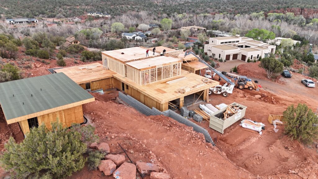 Multi-level rough framing with the crew working on a Kirkwood Builders custom home near Sedona, Arizona