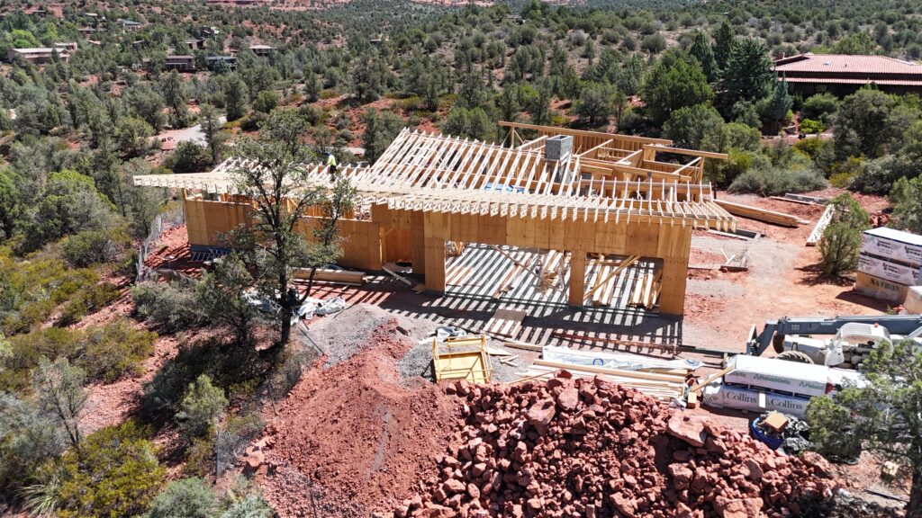 Roof framing being set on a Kirkwood Builders custom home in the red rock country near Sedona, Arizona