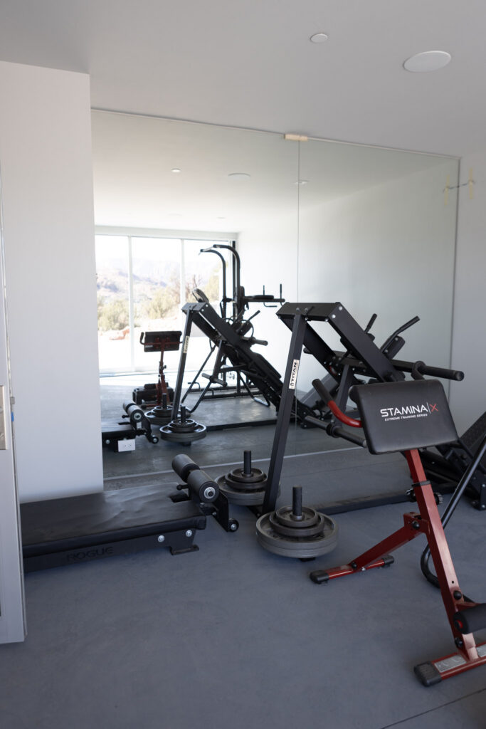 Home gym fitted out against a glazed wall